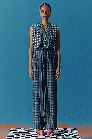 Dark Blue Denim Hand Embroidered Checkered Jumpsuit by POOJA RAJGARHIA GUPTA