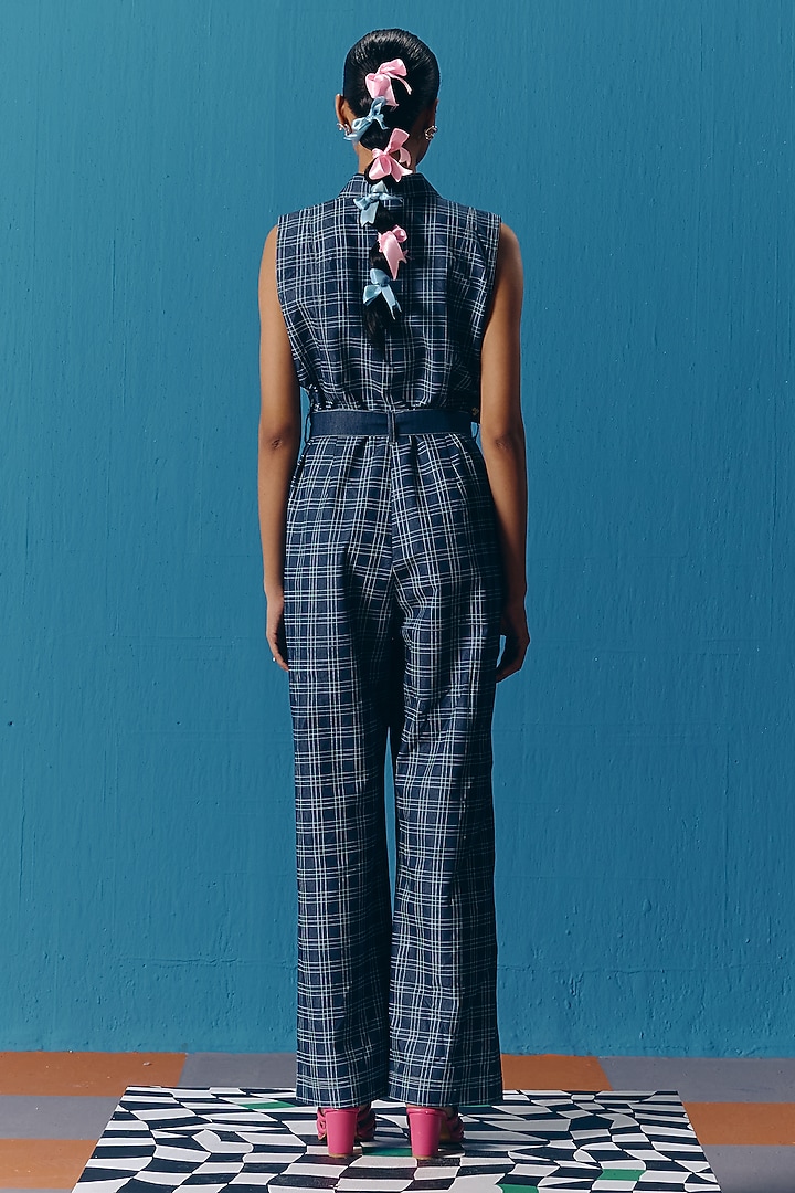 Dark Blue Denim Hand Embroidered Checkered Jumpsuit by POOJA RAJGARHIA GUPTA at Pernia's Pop Up Shop