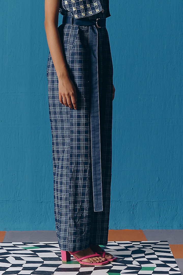 Dark Blue Denim Hand Embroidered Checkered Jumpsuit by POOJA RAJGARHIA GUPTA at Pernia's Pop Up Shop