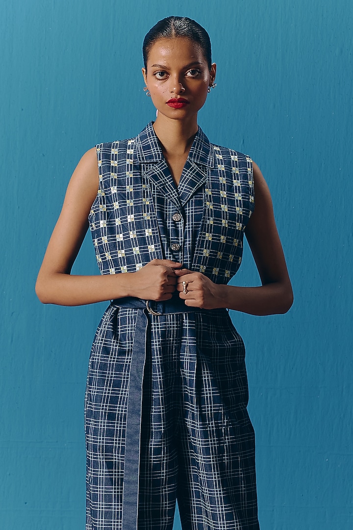 Dark Blue Denim Hand Embroidered Checkered Jumpsuit by POOJA RAJGARHIA GUPTA at Pernia's Pop Up Shop