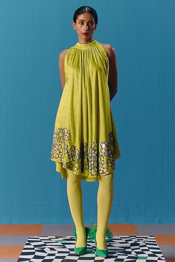 Lime Green Silk Satin Hand Embroidered Mini Halter Dress by POOJA RAJGARHIA GUPTA at Pernia's Pop Up Shop