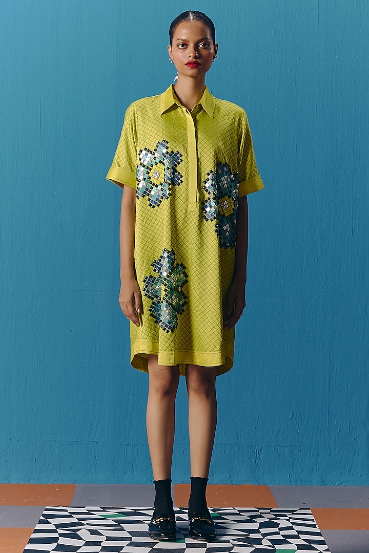 Lime Green Silk Satin Hand Embroidered Mini Shirt Dress by POOJA RAJGARHIA GUPTA at Pernia's Pop Up Shop