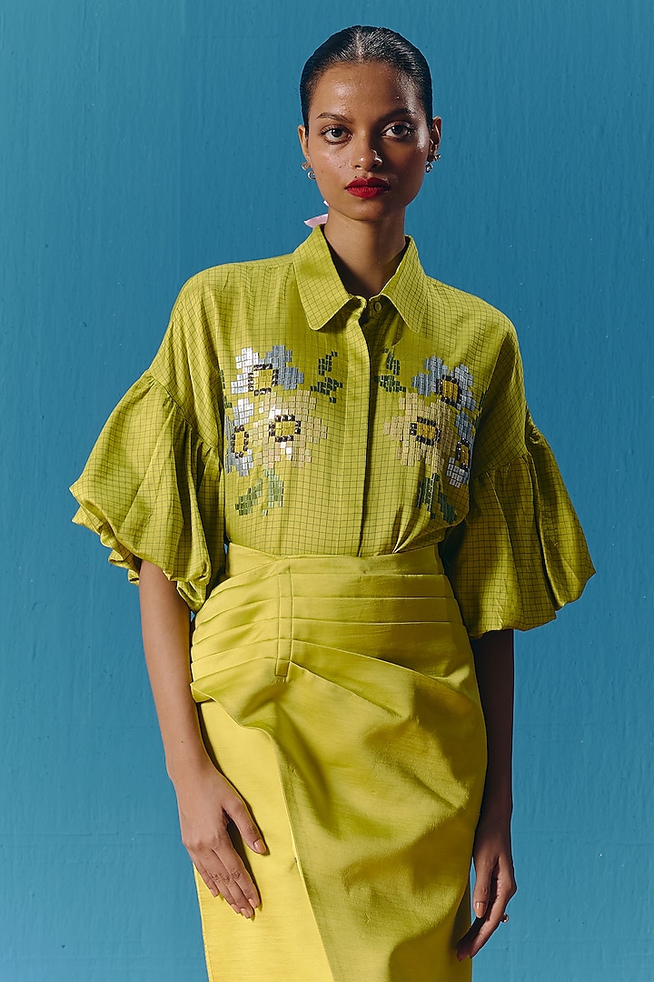 Lime Green Silk Satin Hand Embroidered Balloon Shirt by POOJA RAJGARHIA GUPTA at Pernia's Pop Up Shop