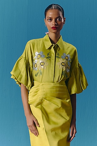 Lime Green Silk Satin Hand Embroidered Balloon Shirt by POOJA RAJGARHIA GUPTA