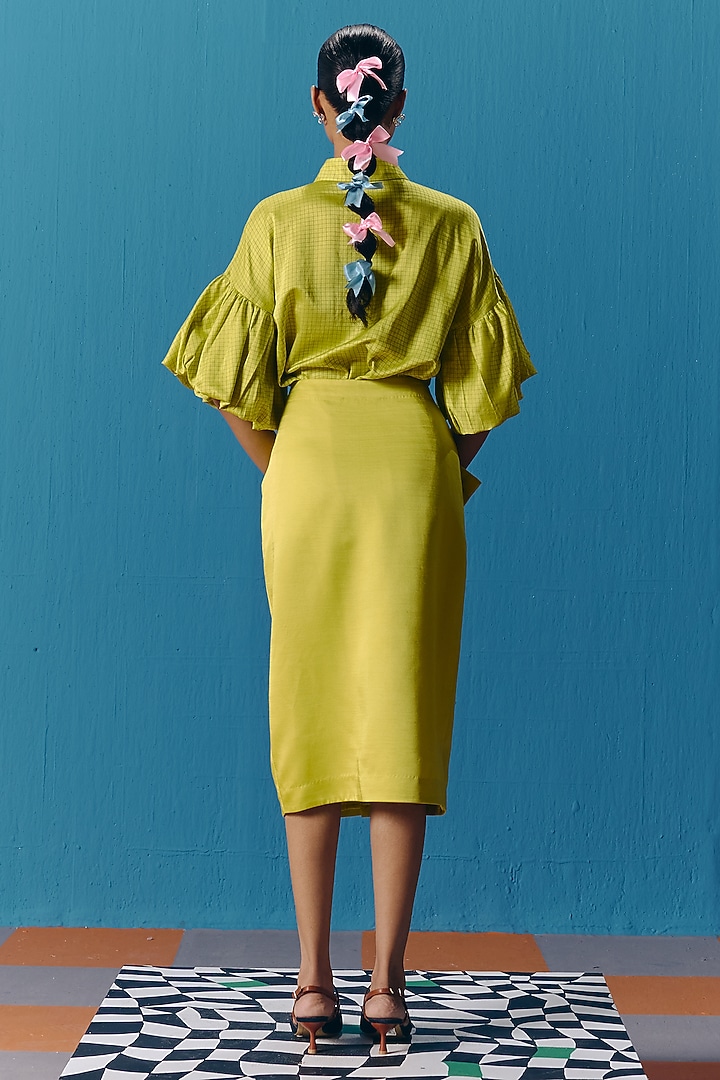 Lime Green Silk Satin Hand Embroidered Balloon Shirt by POOJA RAJGARHIA GUPTA at Pernia's Pop Up Shop