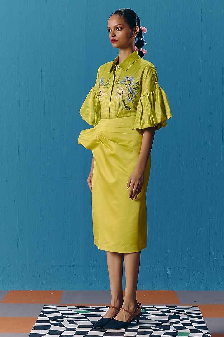 Lime Green Silk Satin Hand Embroidered Balloon Shirt by POOJA RAJGARHIA GUPTA at Pernia's Pop Up Shop