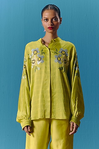 Lime Green Silk Satin Hand Embroidered Kimono Top by POOJA RAJGARHIA GUPTA