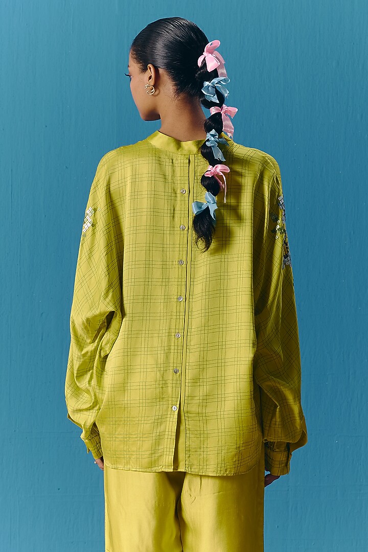 Lime Green Silk Satin Hand Embroidered Kimono Top by POOJA RAJGARHIA GUPTA at Pernia's Pop Up Shop