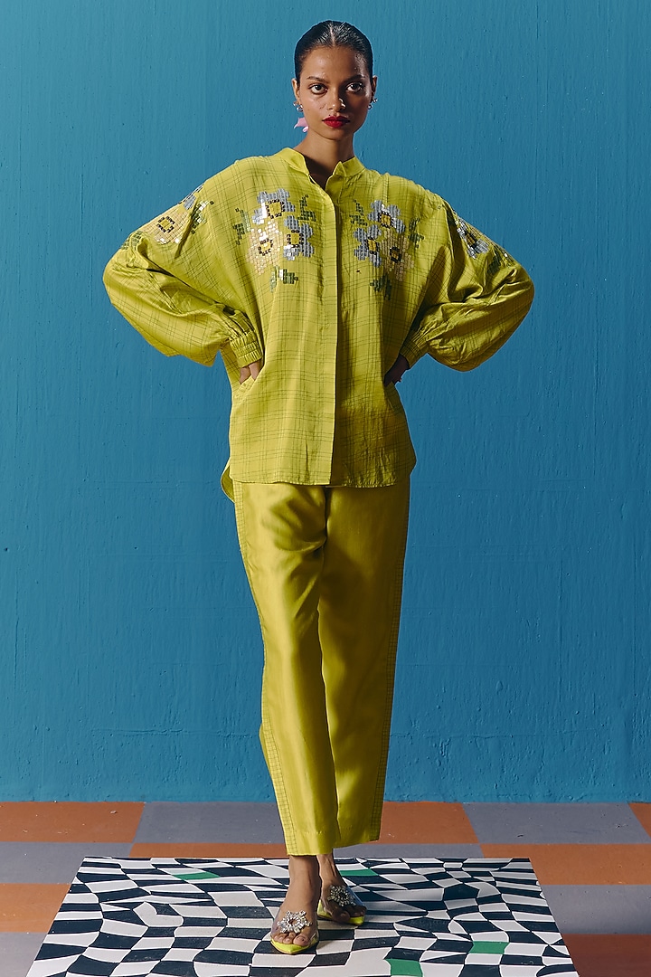 Lime Green Silk Satin Hand Embroidered Kimono Top by POOJA RAJGARHIA GUPTA at Pernia's Pop Up Shop