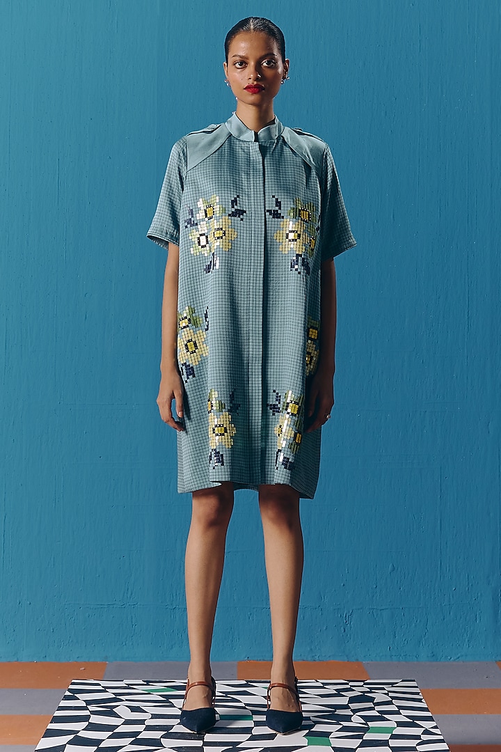 Sky Blue Silk Satin Hand Embroidered Mini Jacket Dress by POOJA RAJGARHIA GUPTA at Pernia's Pop Up Shop