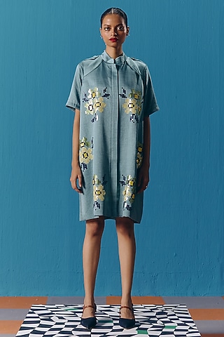 Sky Blue Silk Satin Hand Embroidered Mini Jacket Dress by POOJA RAJGARHIA GUPTA