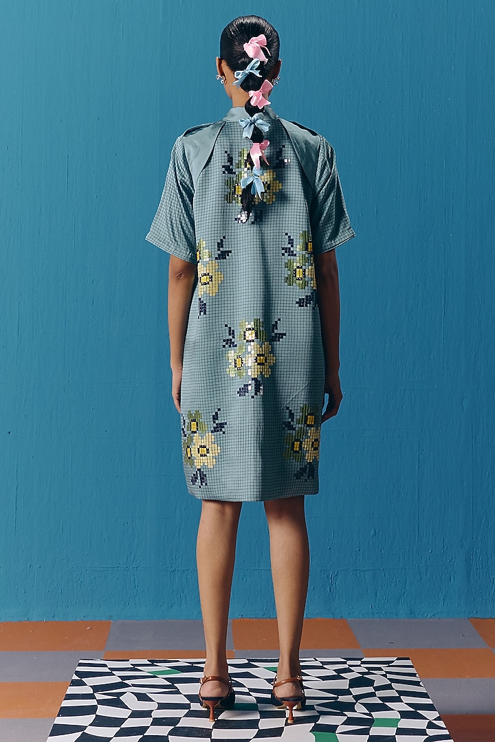 Sky Blue Silk Satin Hand Embroidered Mini Jacket Vacation Dress by POOJA RAJGARHIA GUPTA at Pernia's Pop Up Shop