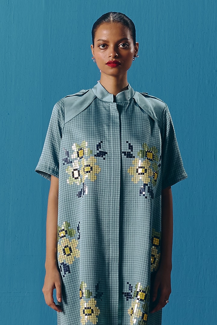 Sky Blue Silk Satin Hand Embroidered Mini Jacket Vacation Dress by POOJA RAJGARHIA GUPTA at Pernia's Pop Up Shop
