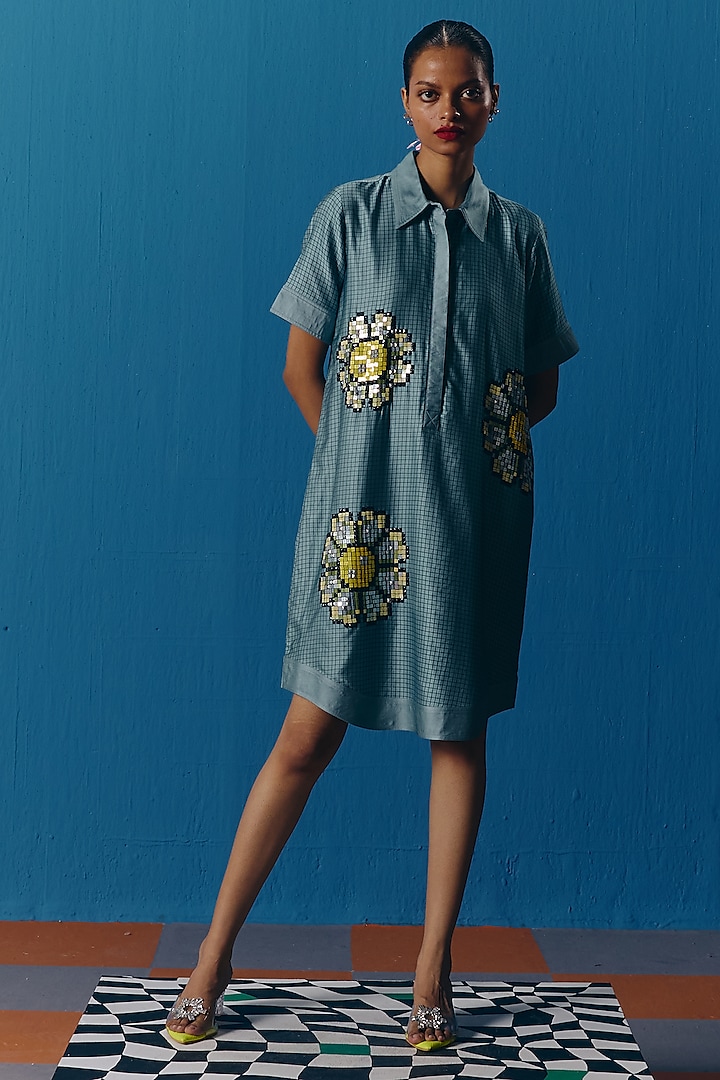 Sky Blue Silk Satin Hand Embroidered Mini Shirt Dress by POOJA RAJGARHIA GUPTA at Pernia's Pop Up Shop