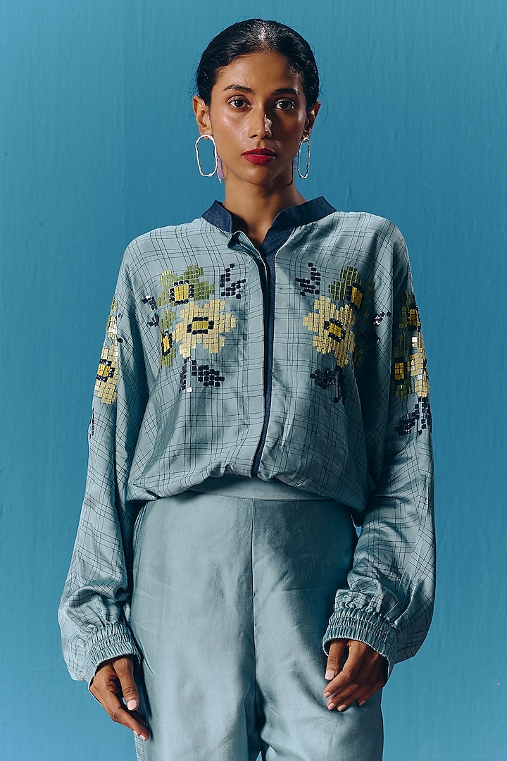 Sky Blue Silk Satin Hand Embroidered Kimono Top by POOJA RAJGARHIA GUPTA at Pernia's Pop Up Shop