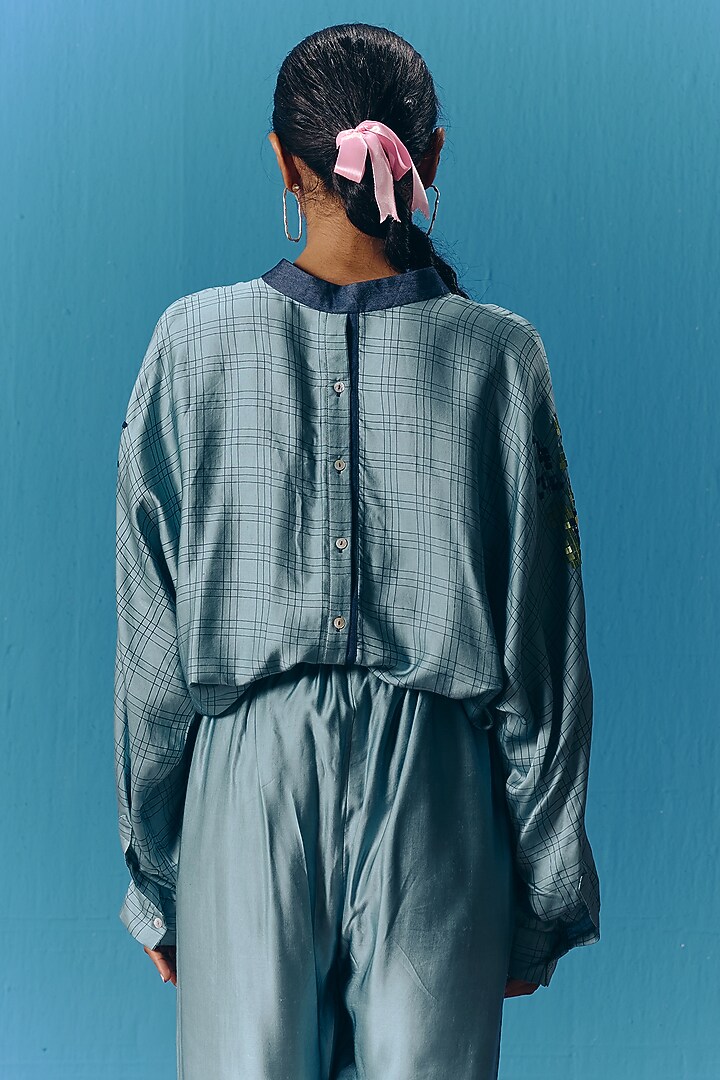 Sky Blue Silk Satin Hand Embroidered Kimono Top by POOJA RAJGARHIA GUPTA at Pernia's Pop Up Shop