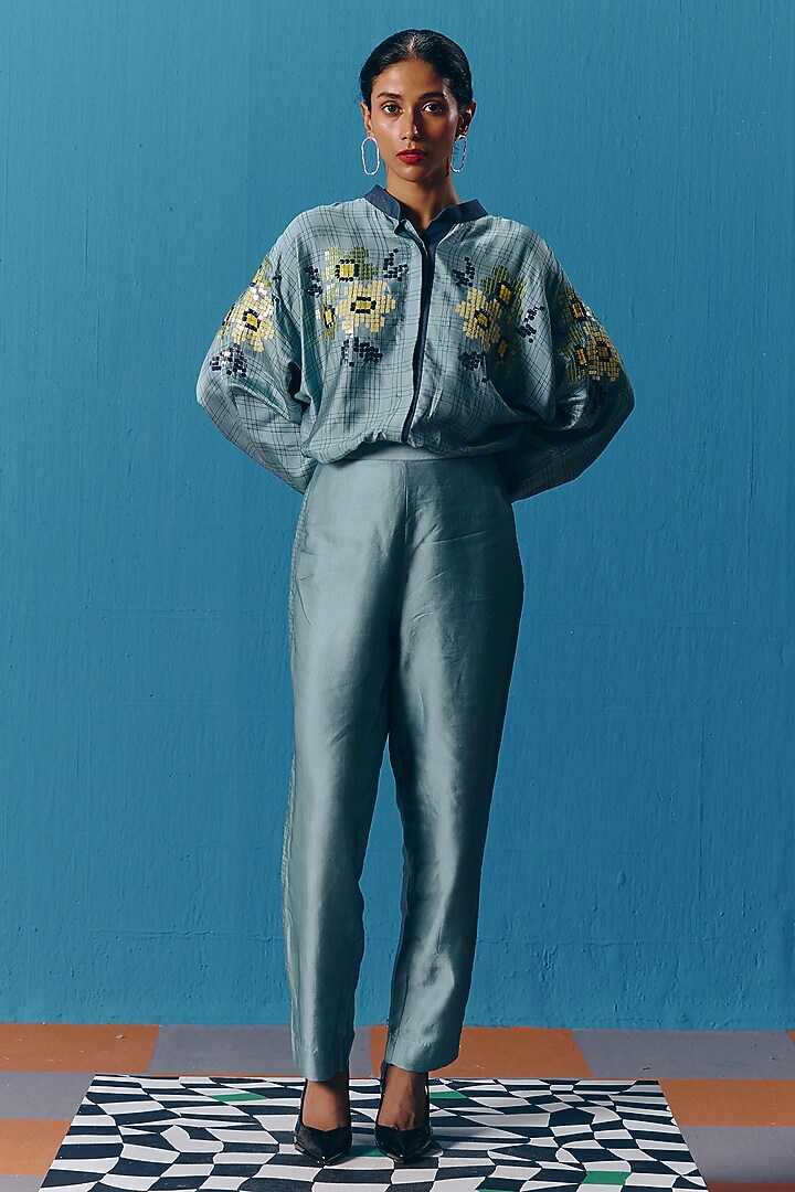 Sky Blue Silk Satin Hand Embroidered Kimono Top by POOJA RAJGARHIA GUPTA at Pernia's Pop Up Shop