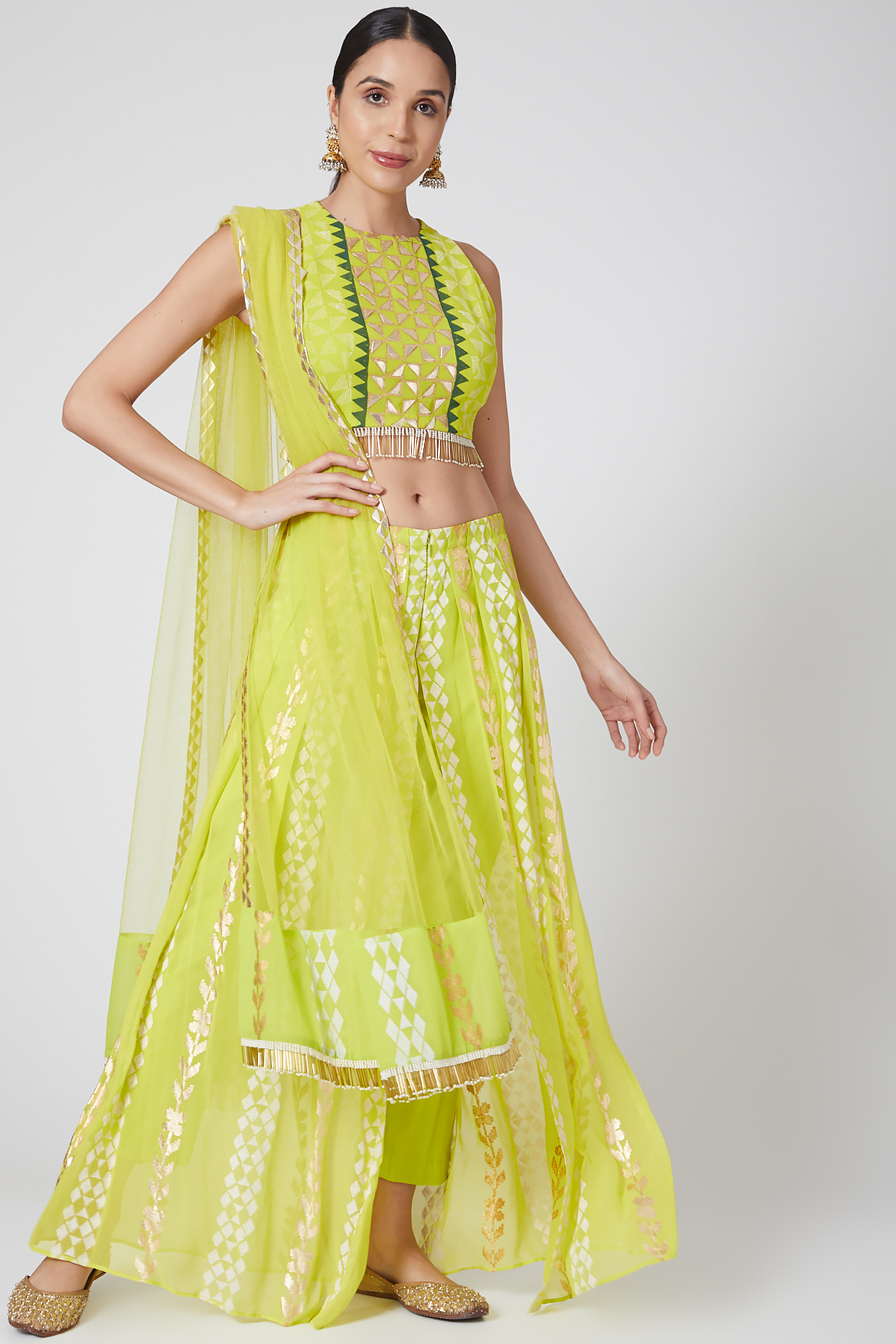 Lime Sequins Embroidered Pant Set With Drape by POOJA RAJGARHIA GUPTA at Pernia's Pop Up Shop