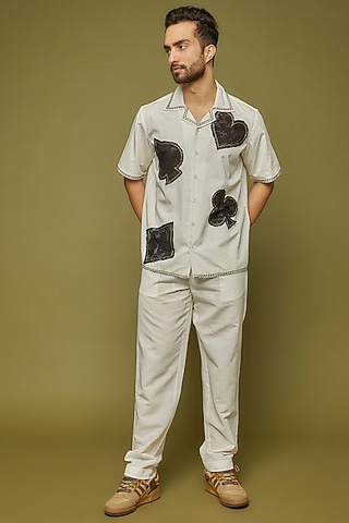 White Cotton Linen Blend Embroidered Shirt by PERTE DEGO