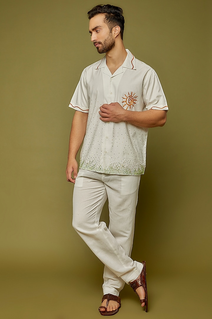 White Cotton Linen Blend Hand Embroidered Shirt by PERTE DEGO
