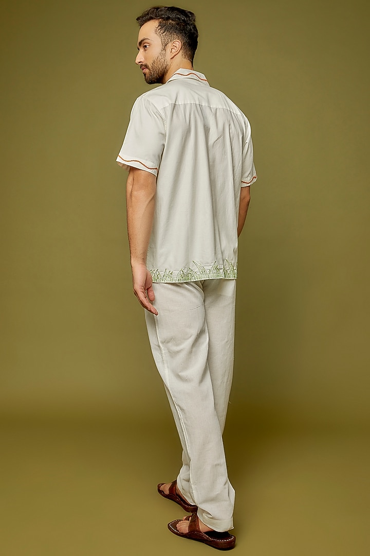 White Cotton Linen Blend Hand Embroidered Wedding Shirt by PERTE DEGO at Pernia's Pop Up Shop