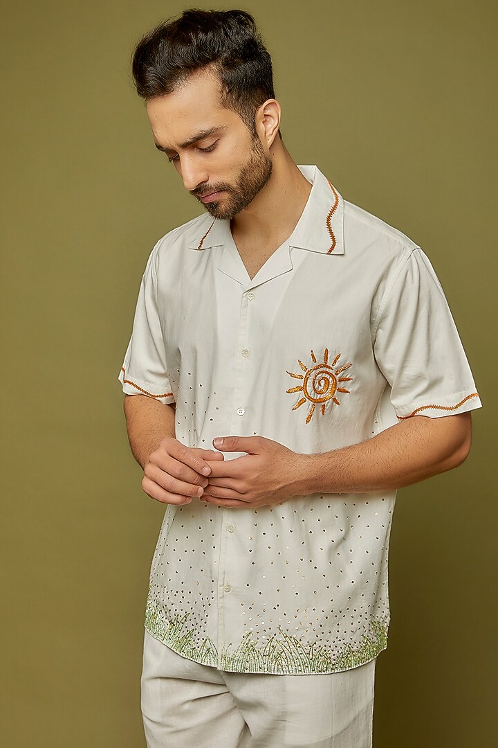 White Cotton Linen Blend Hand Embroidered Wedding Shirt by PERTE DEGO at Pernia's Pop Up Shop
