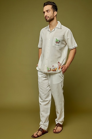 White Cotton Linen Blend Hand Embroidered Shirt by PERTE DEGO