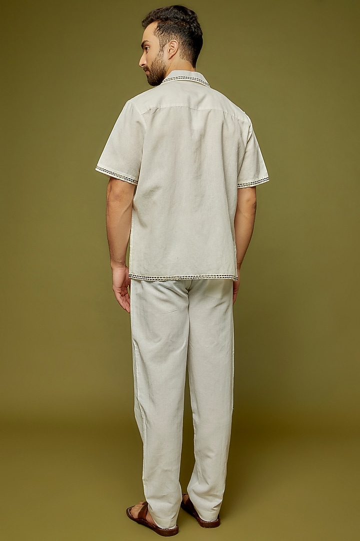 White Cotton Linen Blend Hand Embroidered Wedding Shirt by PERTE DEGO at Pernia's Pop Up Shop