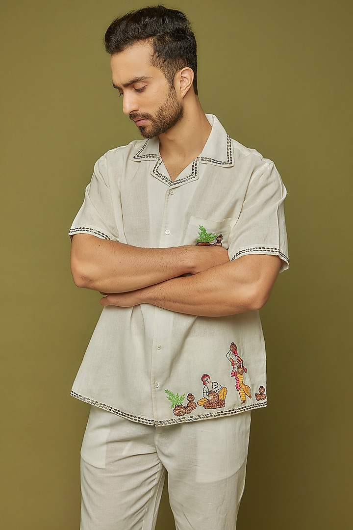 White Cotton Linen Blend Hand Embroidered Wedding Shirt by PERTE DEGO at Pernia's Pop Up Shop