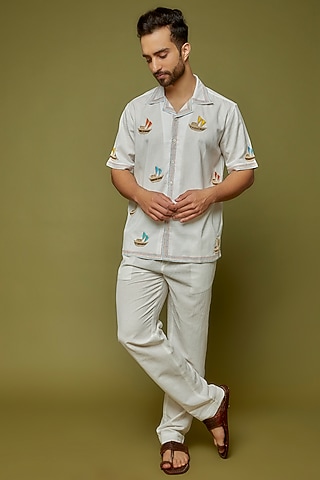 White Cotton Linen Blend Hand Embroidered Shirt by PERTE DEGO