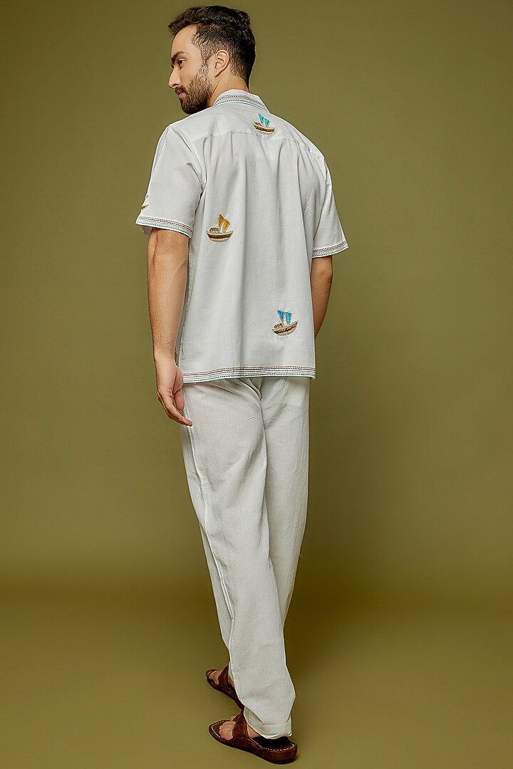 White Cotton Linen Blend Hand Embroidered Wedding Shirt by PERTE DEGO at Pernia's Pop Up Shop