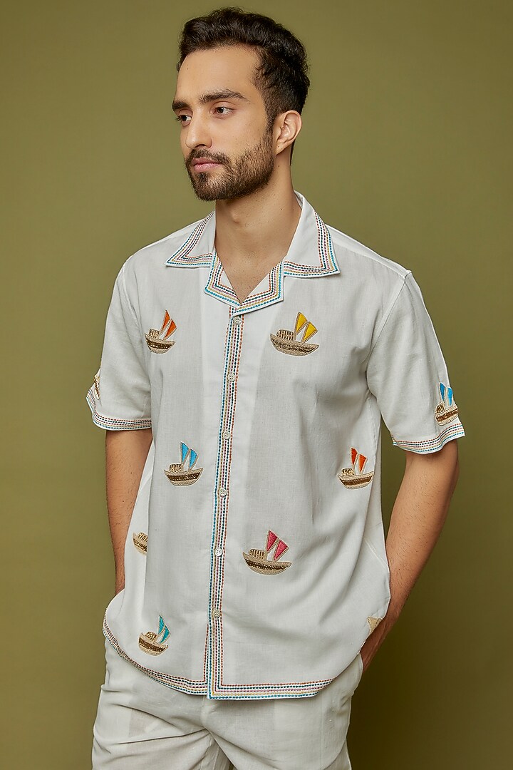 White Cotton Linen Blend Hand Embroidered Wedding Shirt by PERTE DEGO at Pernia's Pop Up Shop