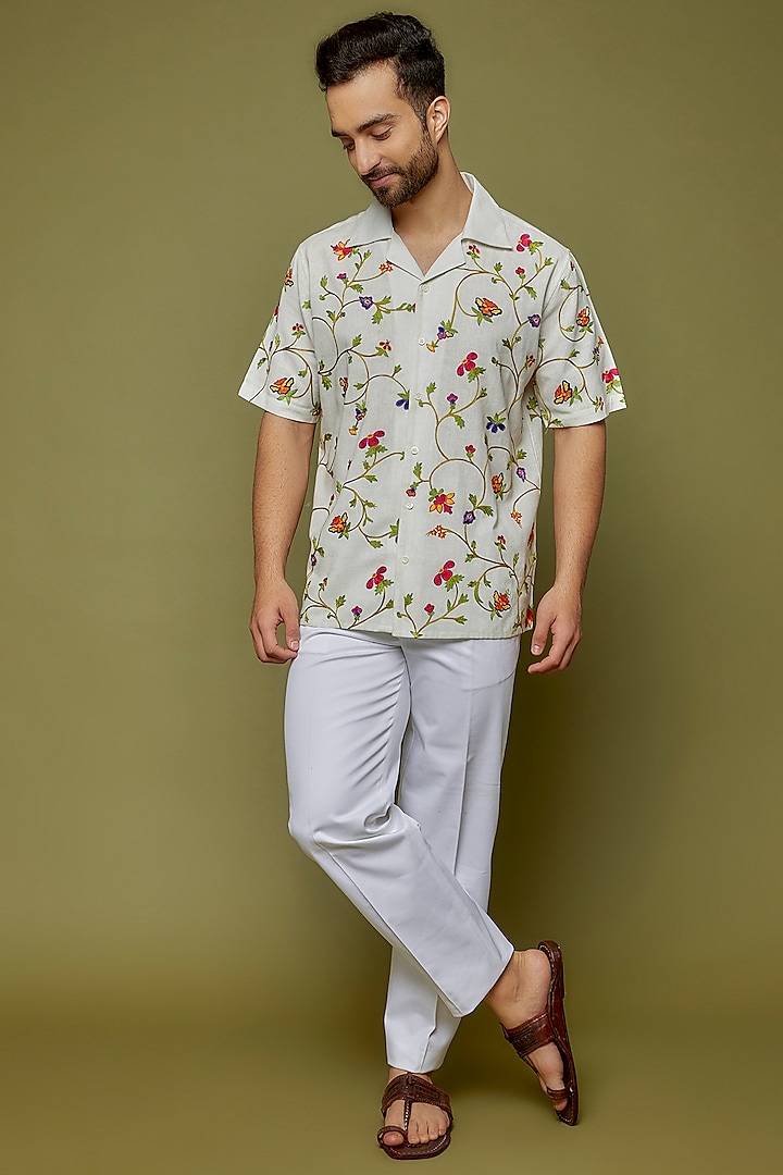 White Cotton Linen Blend Embroidered Shirt by PERTE DEGO