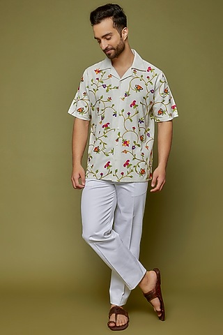 White Cotton Linen Blend Embroidered Shirt by PERTE DEGO