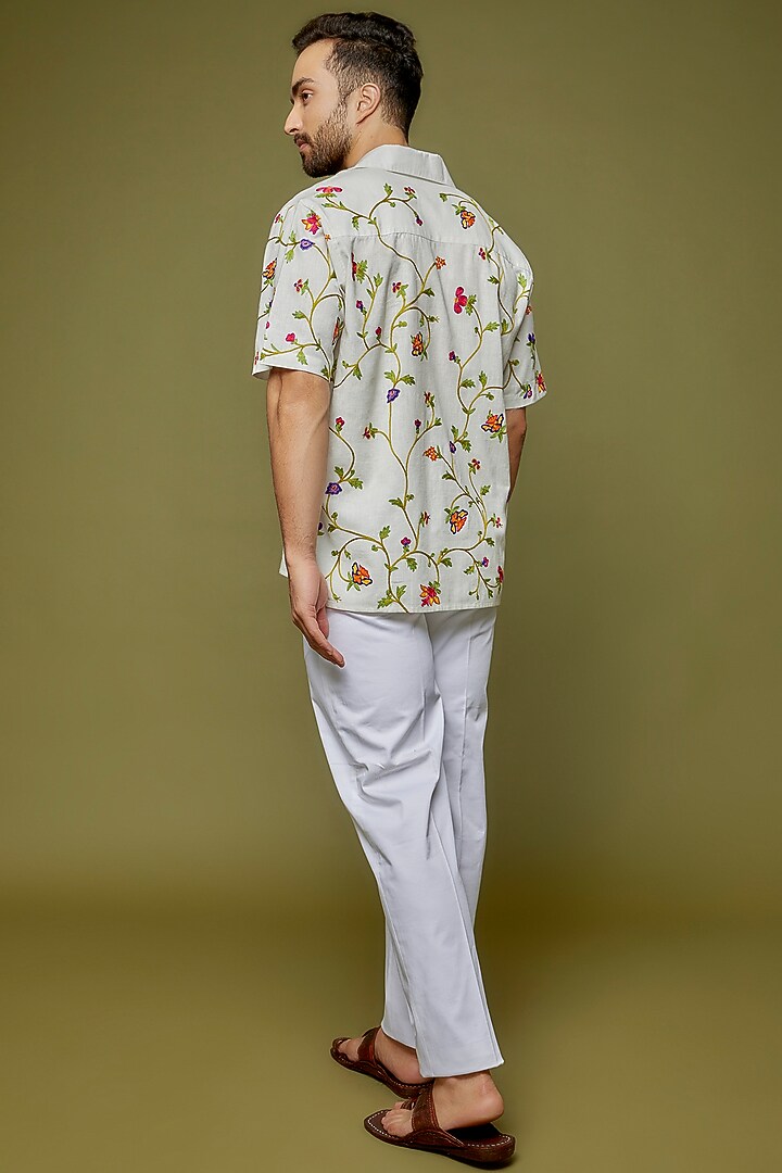 White Cotton Linen Blend Embroidered Wedding Shirt by PERTE DEGO at Pernia's Pop Up Shop