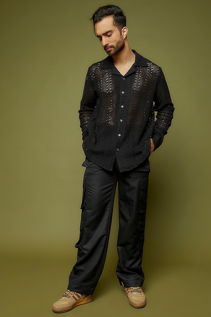 Black Cotton Embroidered Wedding Shirt by PERTE DEGO at Pernia's Pop Up Shop