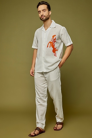 White Cotton Linen Blend Hand Embroidered Shirt by PERTE DEGO