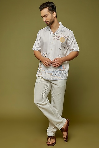 White Cotton Satin Embroidered Shirt by PERTE DEGO