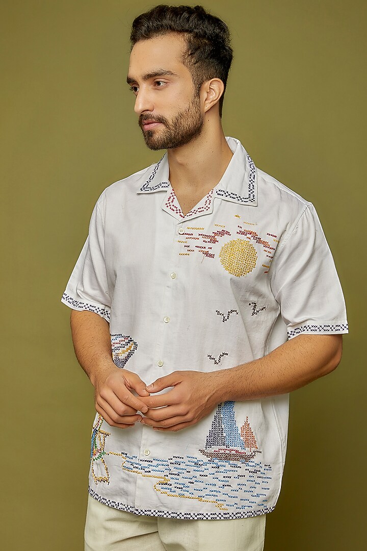 White Cotton Satin Embroidered Wedding Shirt by PERTE DEGO at Pernia's Pop Up Shop