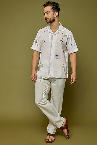 White Cotton Linen Blend Hand Embroidered Shirt by PERTE DEGO