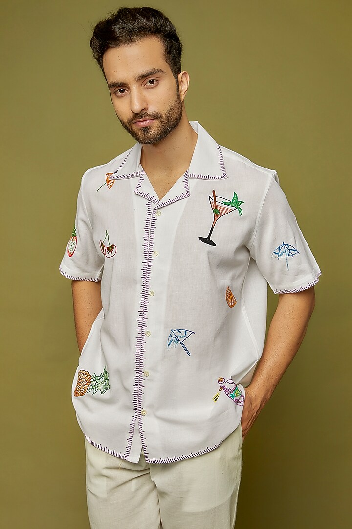 White Cotton Linen Blend Hand Embroidered Wedding Shirt by PERTE DEGO at Pernia's Pop Up Shop