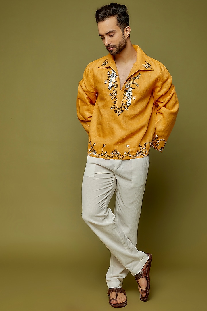 Yellow Linen Embroidered Shirt by PERTE DEGO
