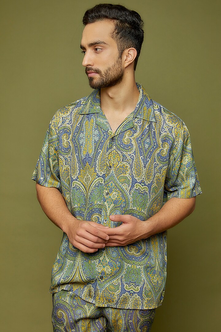 Green Modal Printed Party Wear Shirt by PERTE DEGO at Pernia's Pop Up Shop
