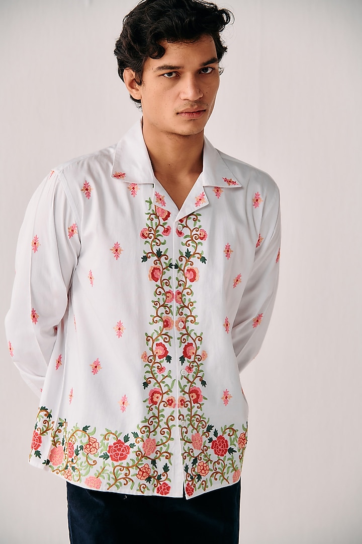 White Cotton Embroidered Shirt by PERTE DEGO