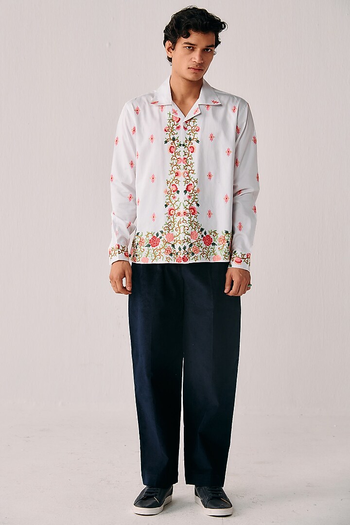 White Cotton Embroidered Wedding Shirt by PERTE DEGO at Pernia's Pop Up Shop
