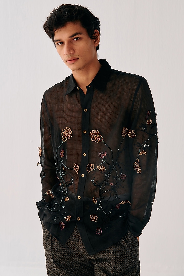 Black Cotton Lace Fabric Applique Floral Hand Embroidered Shirt by PERTE DEGO