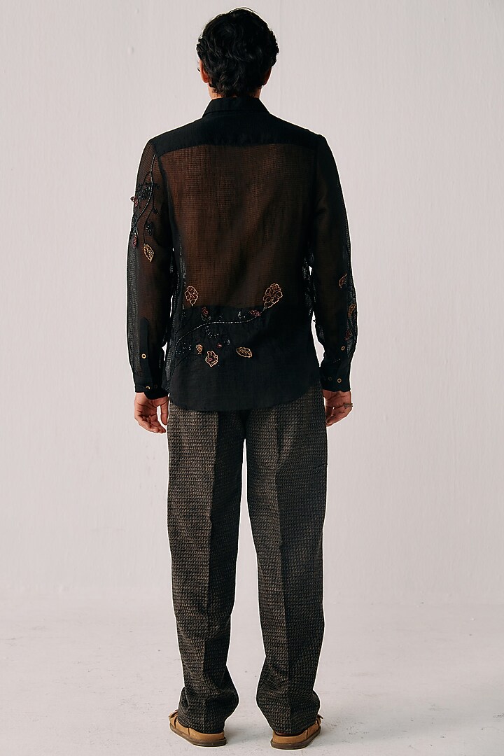 Black Cotton Lace Fabric Applique Floral Hand Embroidered Wedding Shirt by PERTE DEGO at Pernia's Pop Up Shop
