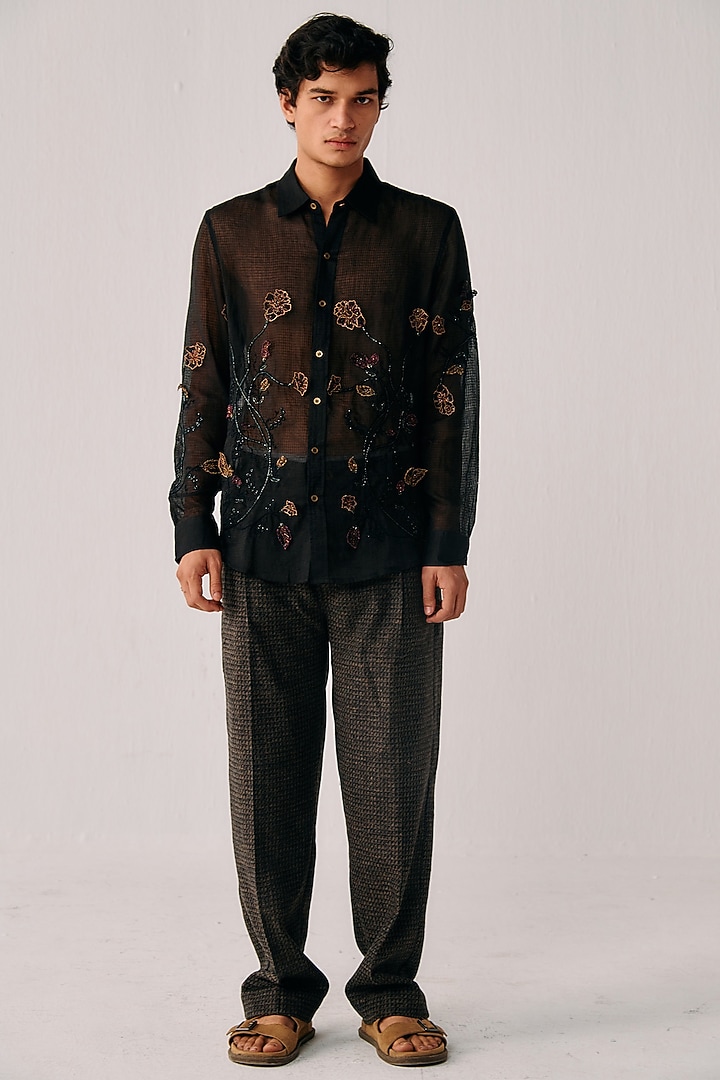 Black Cotton Lace Fabric Applique Floral Hand Embroidered Wedding Shirt by PERTE DEGO at Pernia's Pop Up Shop
