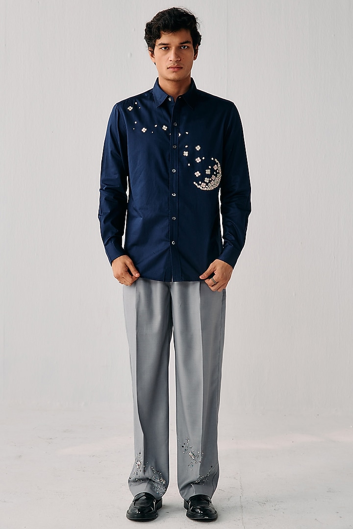 Deep Space Blue Cotton Hand Embellished Shirt by PERTE DEGO
