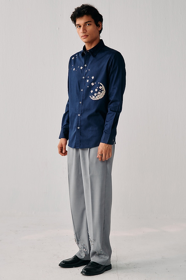Deep Space Blue Cotton Hand Embellished Wedding Shirt by PERTE DEGO at Pernia's Pop Up Shop